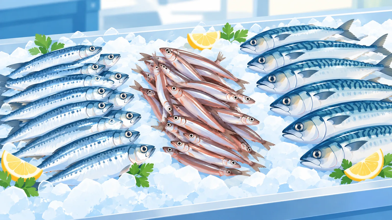 Sardine, anșoa și macrou proaspete pe gheață