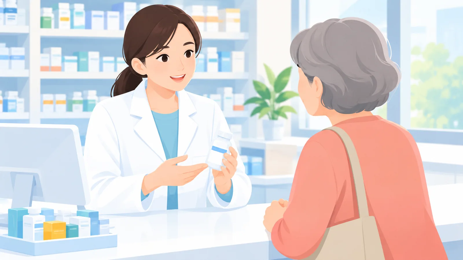 Farmacist care oferă sfaturi unui client în vârstă