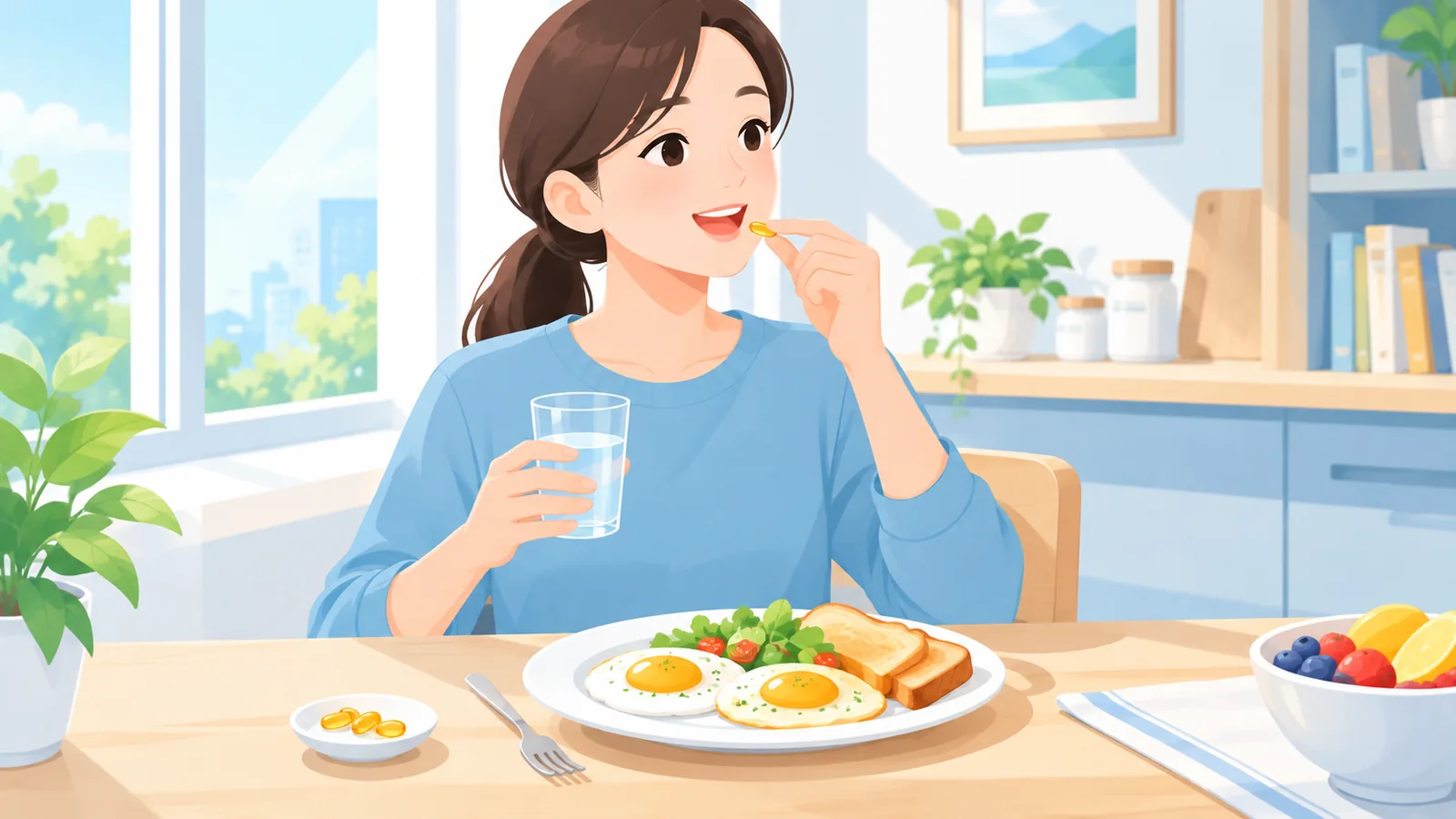 Persoană care ia o capsulă de omega 3 la masă