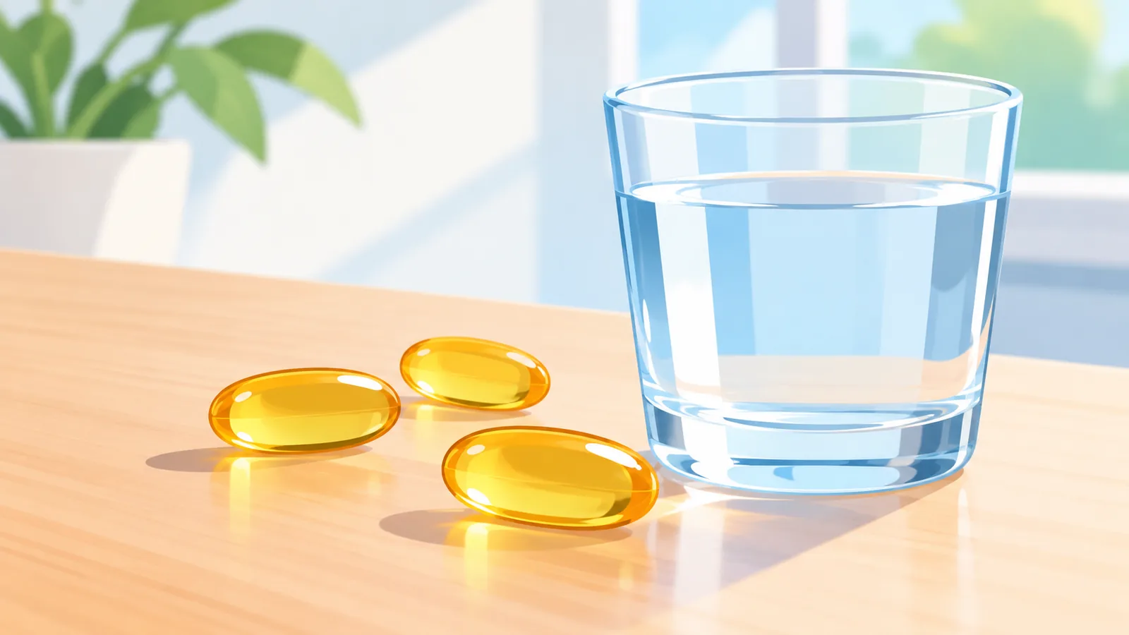 Capsule de vitamina D3 și K2 lângă un pahar cu apă pe o masă de bucătărie