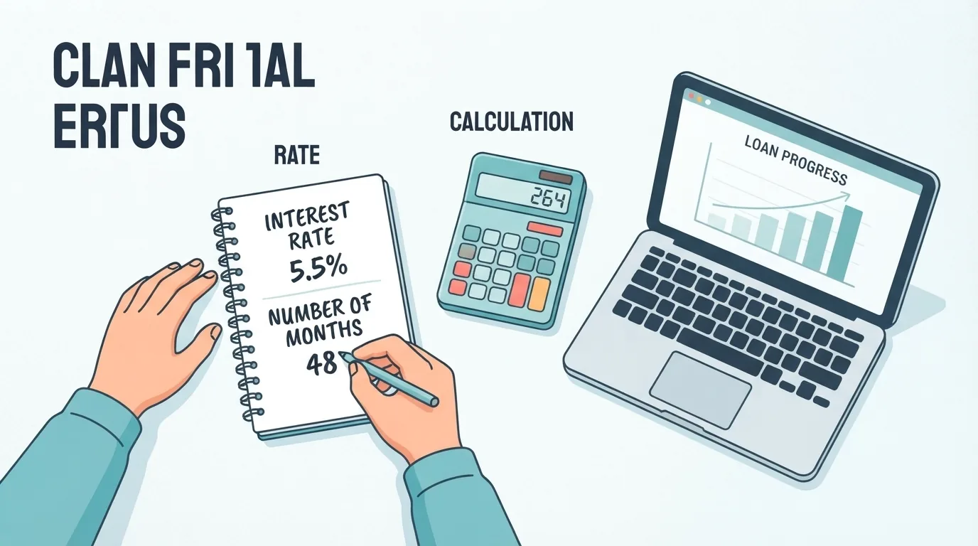 Mâini care notează dobânda și numărul de luni lângă un calculator