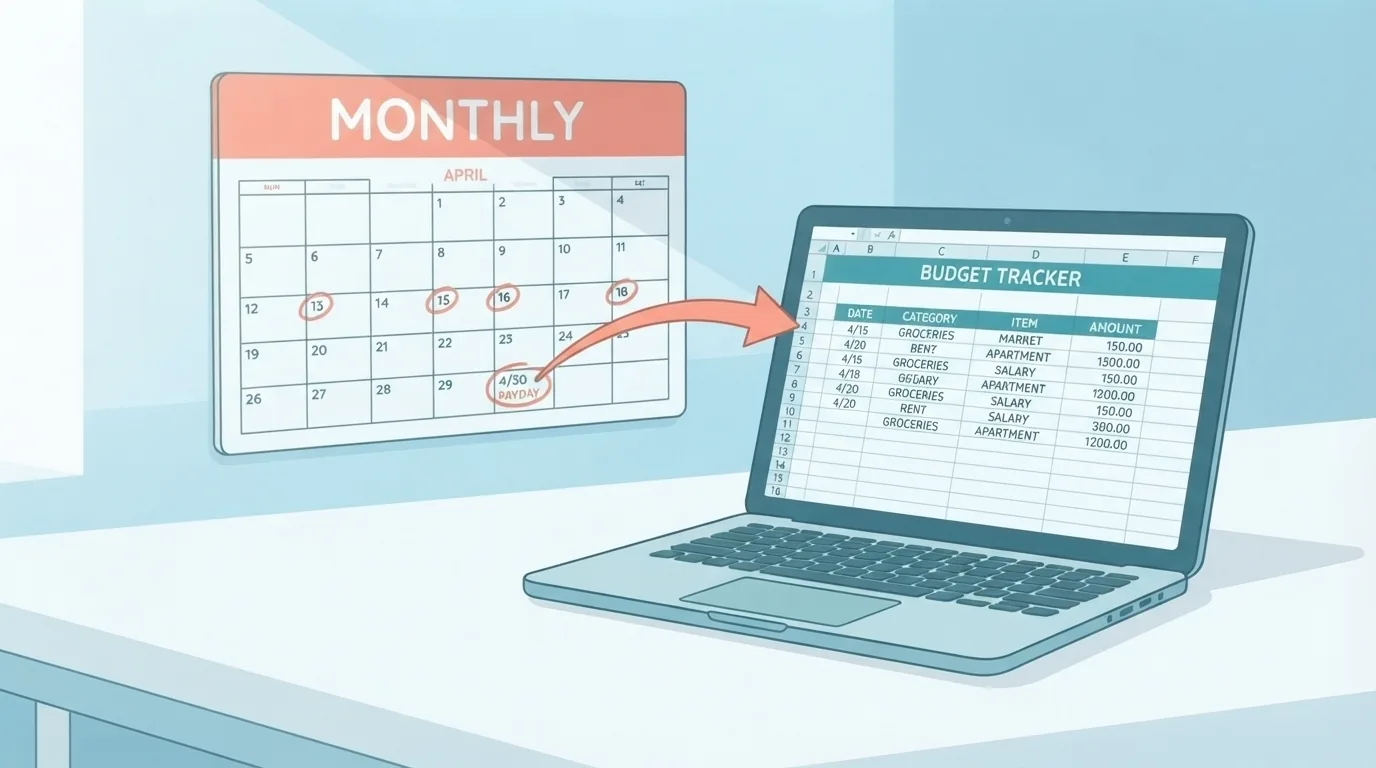 Calendar cu date marcate lângă un laptop cu foaie de calcul