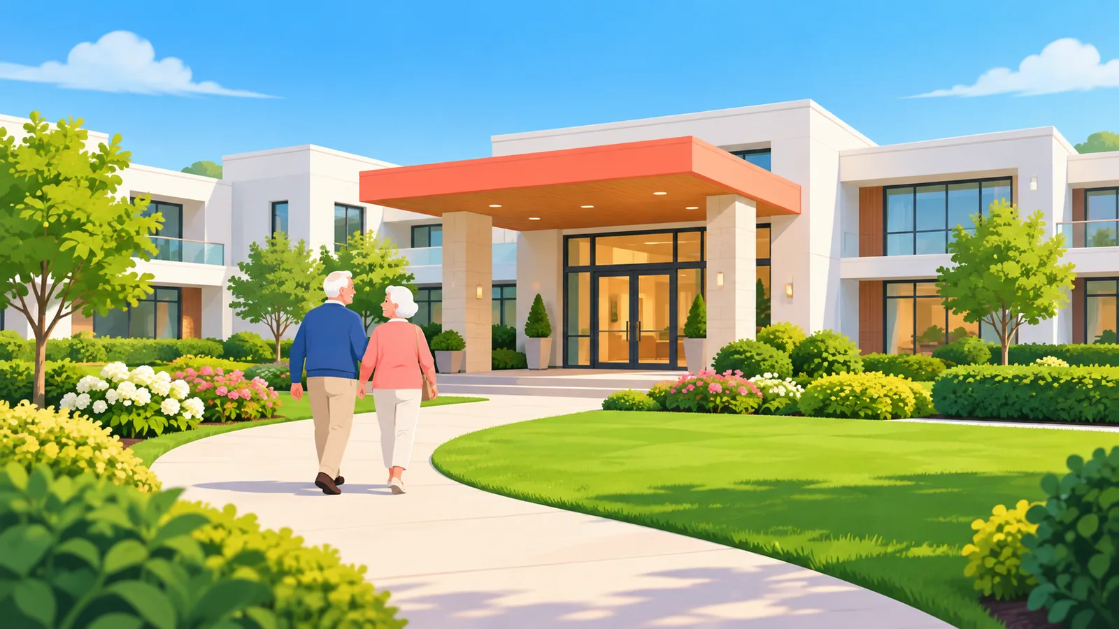 Intrarea într-o comunitate modernă de pensionari cu grădini îngrijite