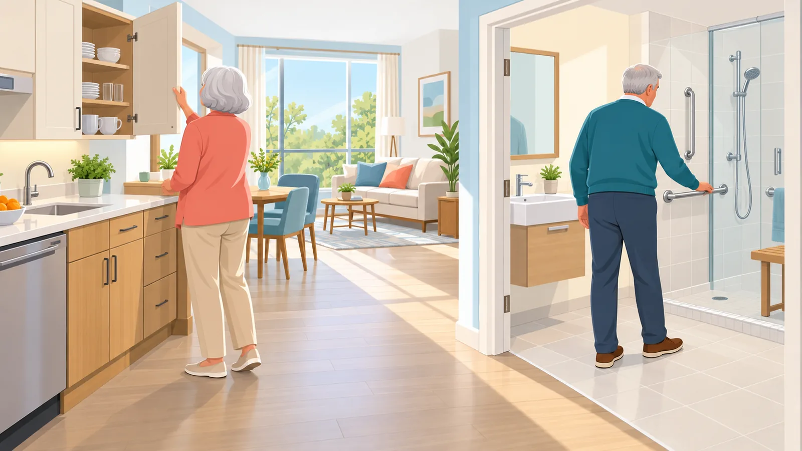 Cuplu de seniori care vizitează un apartament model într-o comunitate