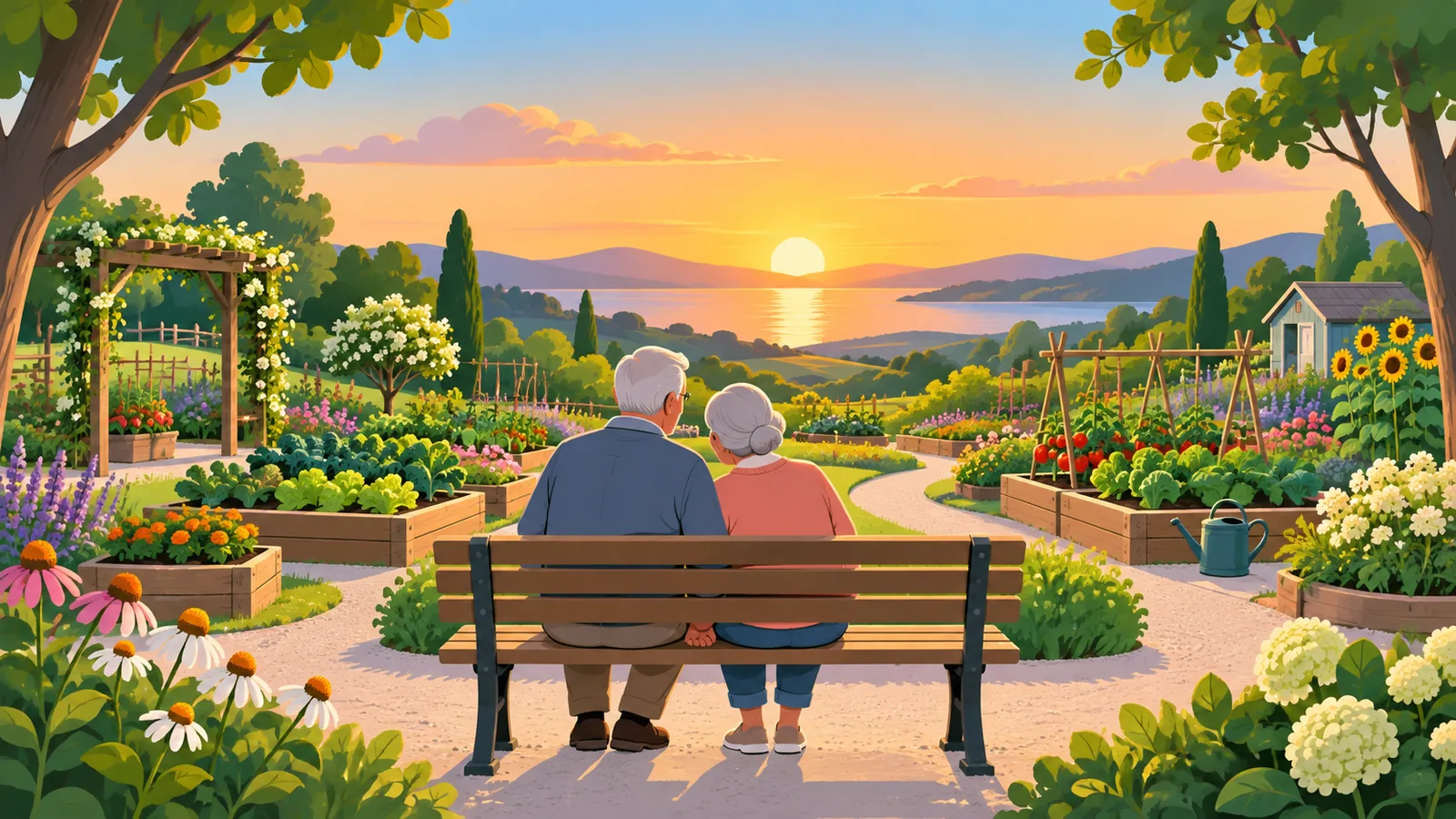 Cuplu de pensionari într-o grădină la apus