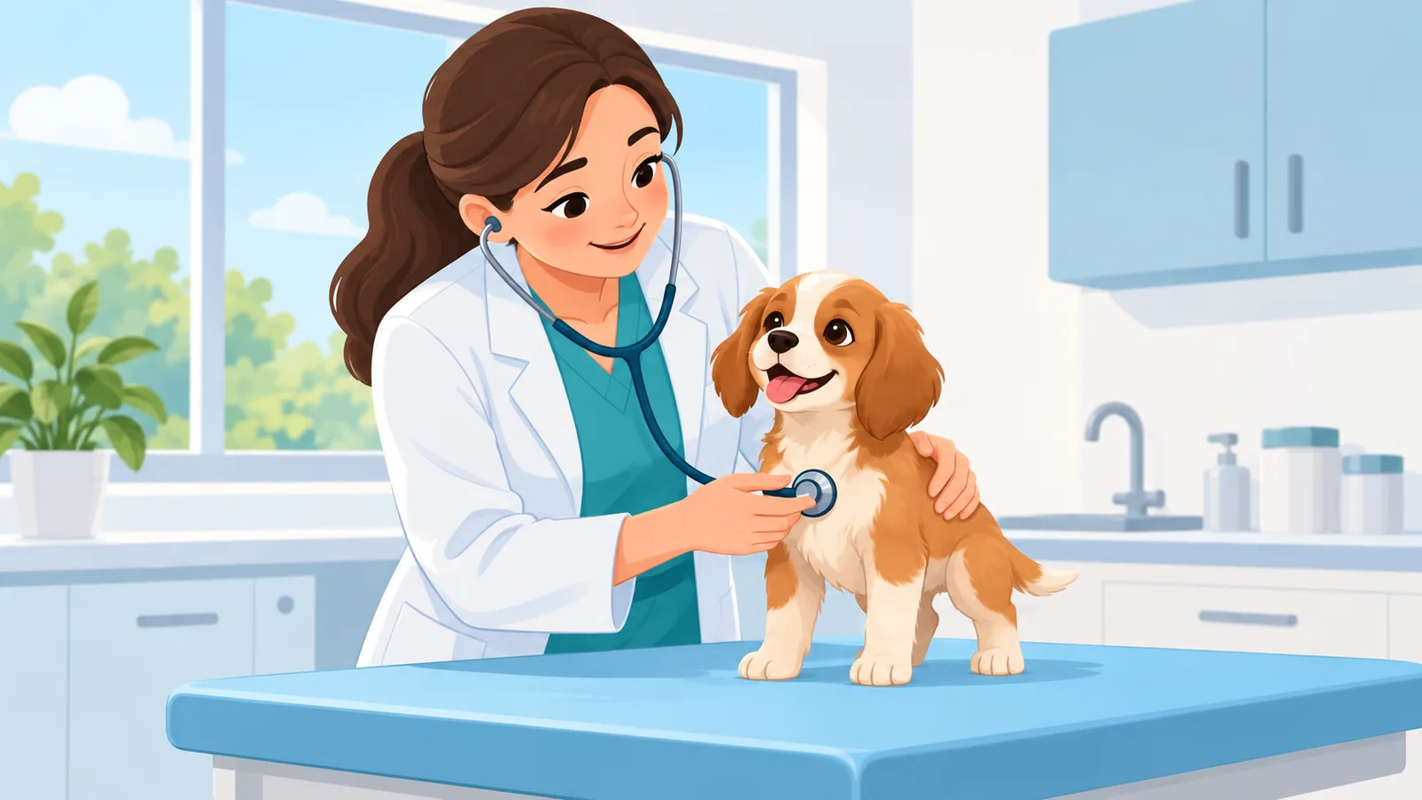 Medic veterinar care examinează un cățel
