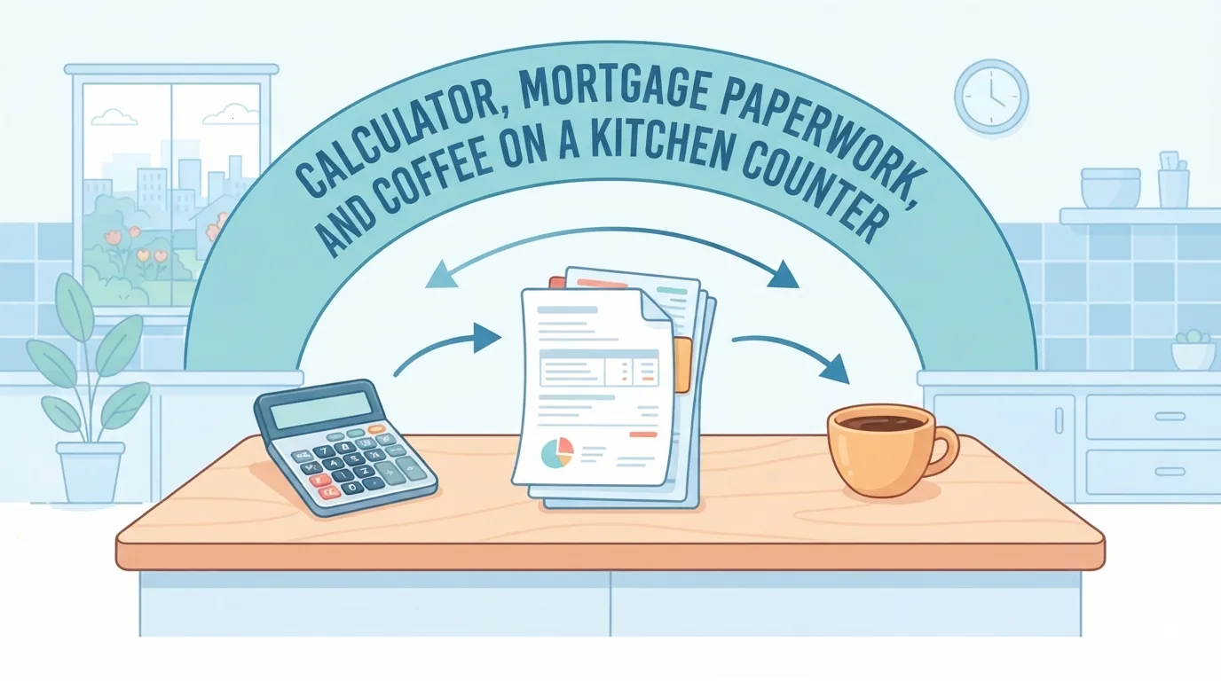Calculator, acte de credit ipotecar și o cană de cafea pe blatul bucătăriei