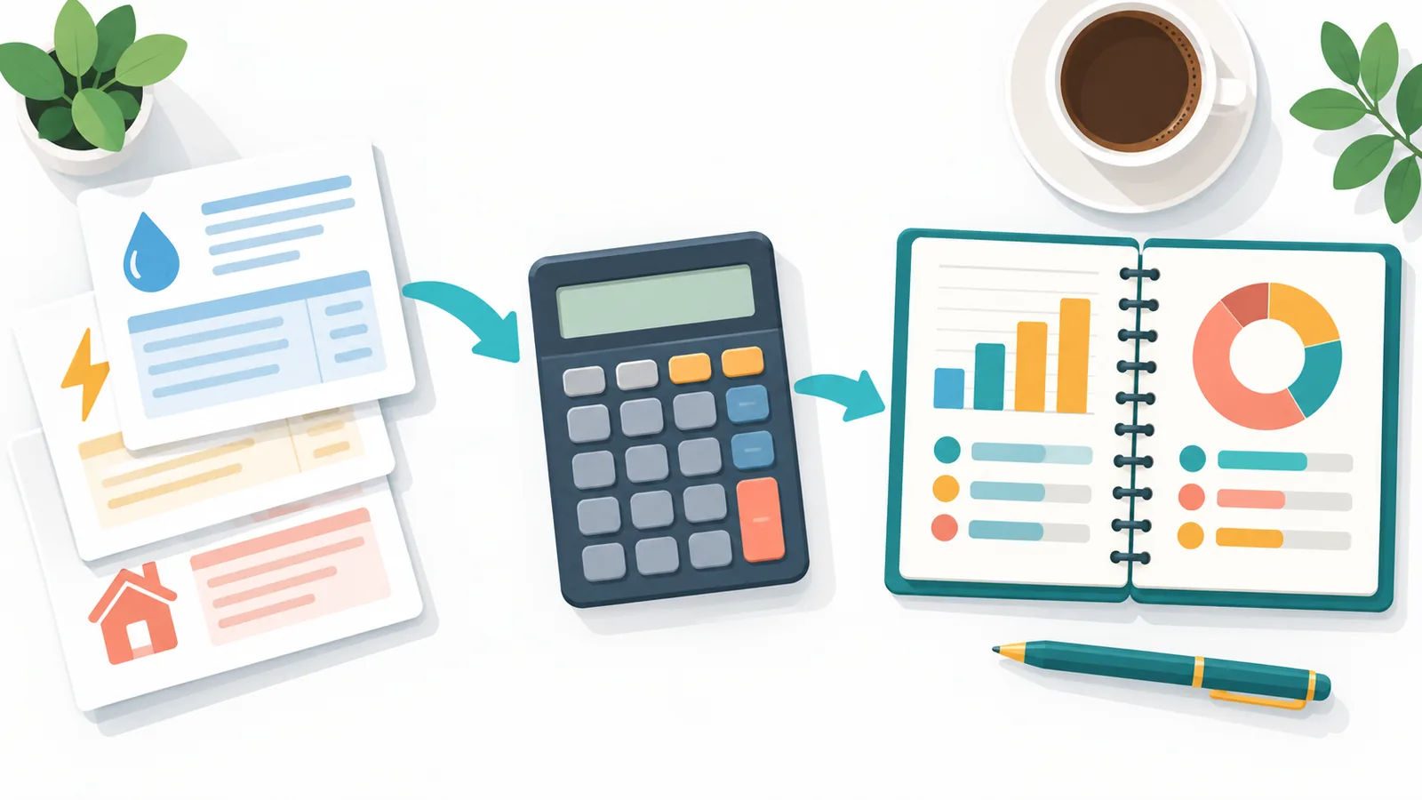 Calculator, facturi de utilități și caiet pentru calculul costurilor lunare