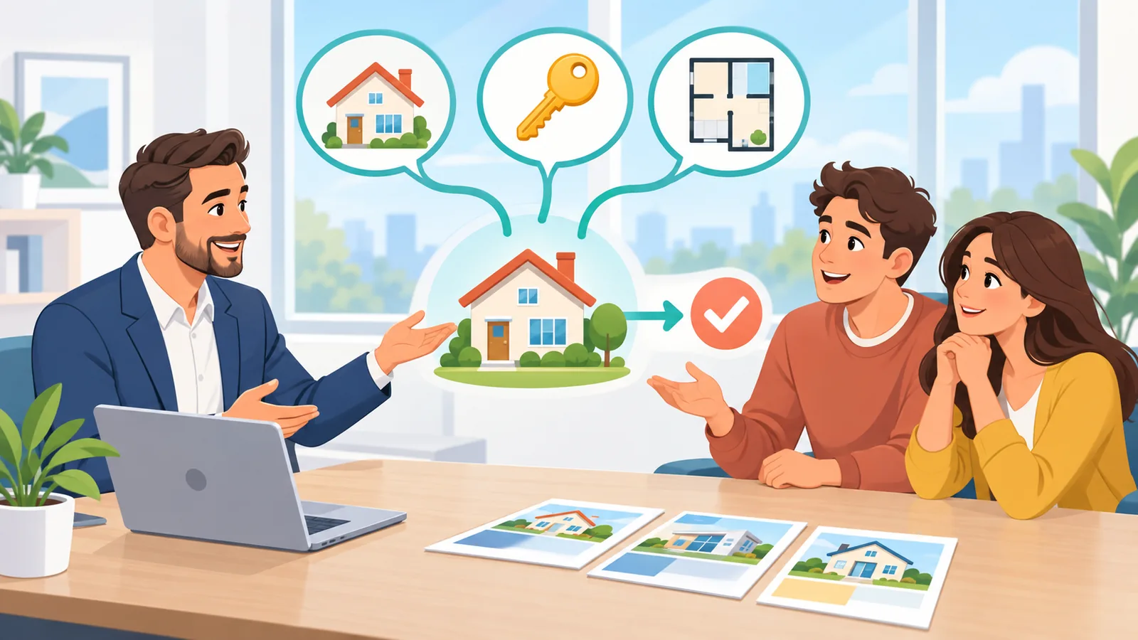 Consultant imobiliar care răspunde întrebărilor unui cuplu de chiriași