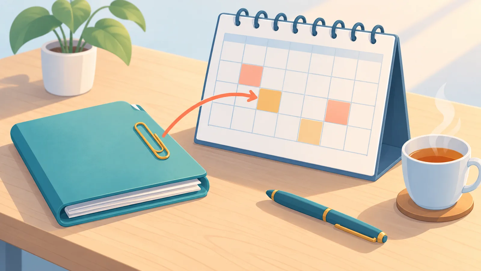 Calendar de birou și dosar închis, simbol al etapelor rămase