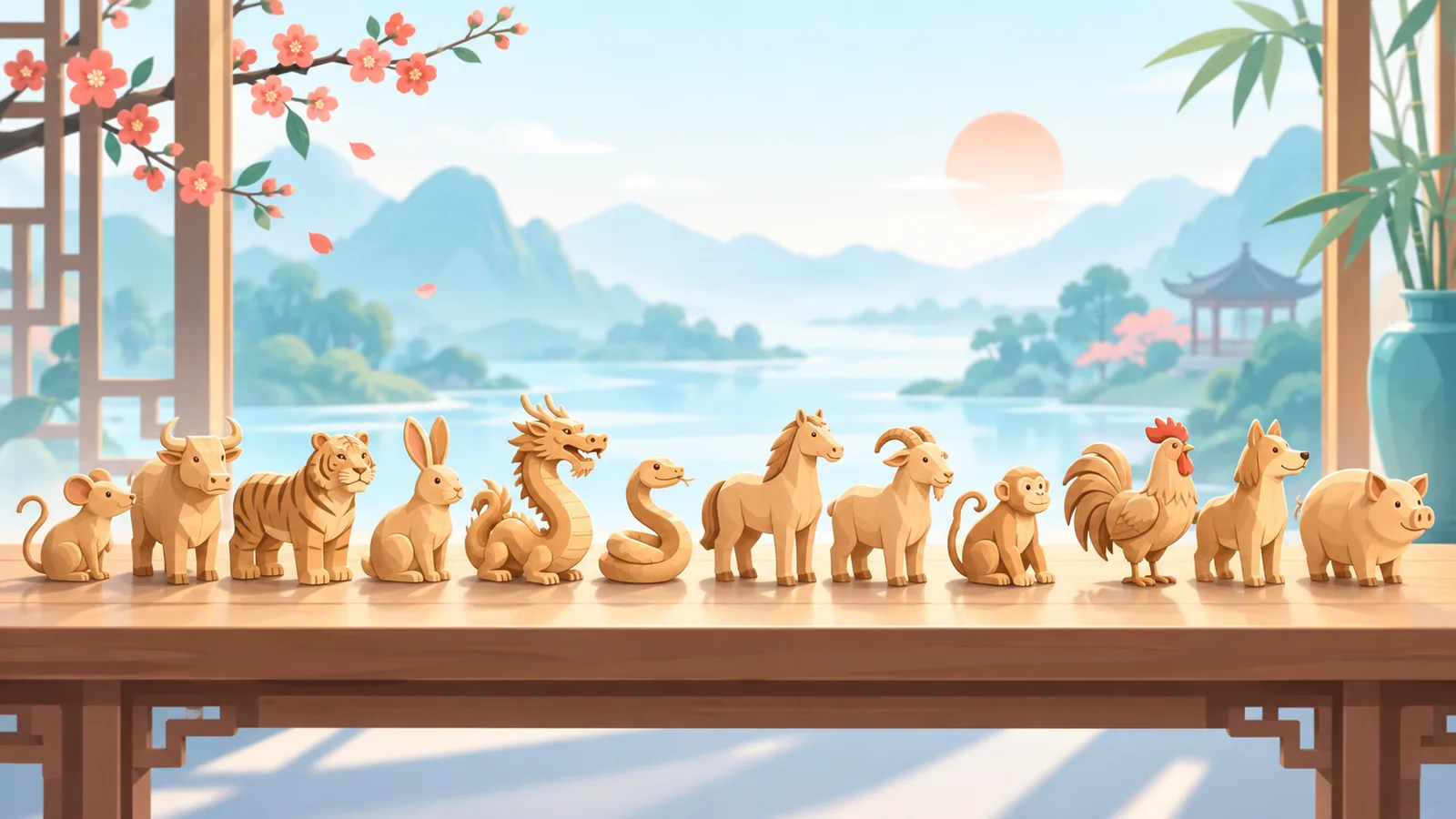 Douăsprezece figurine sculptate cu animalele zodiacului chinezesc, aliniate pe o masă