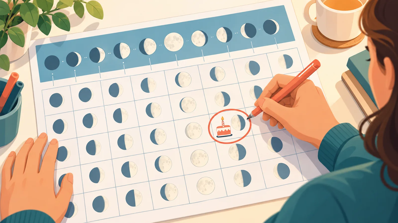 Persoană care verifică o dată de naștere pe un calendar lunar