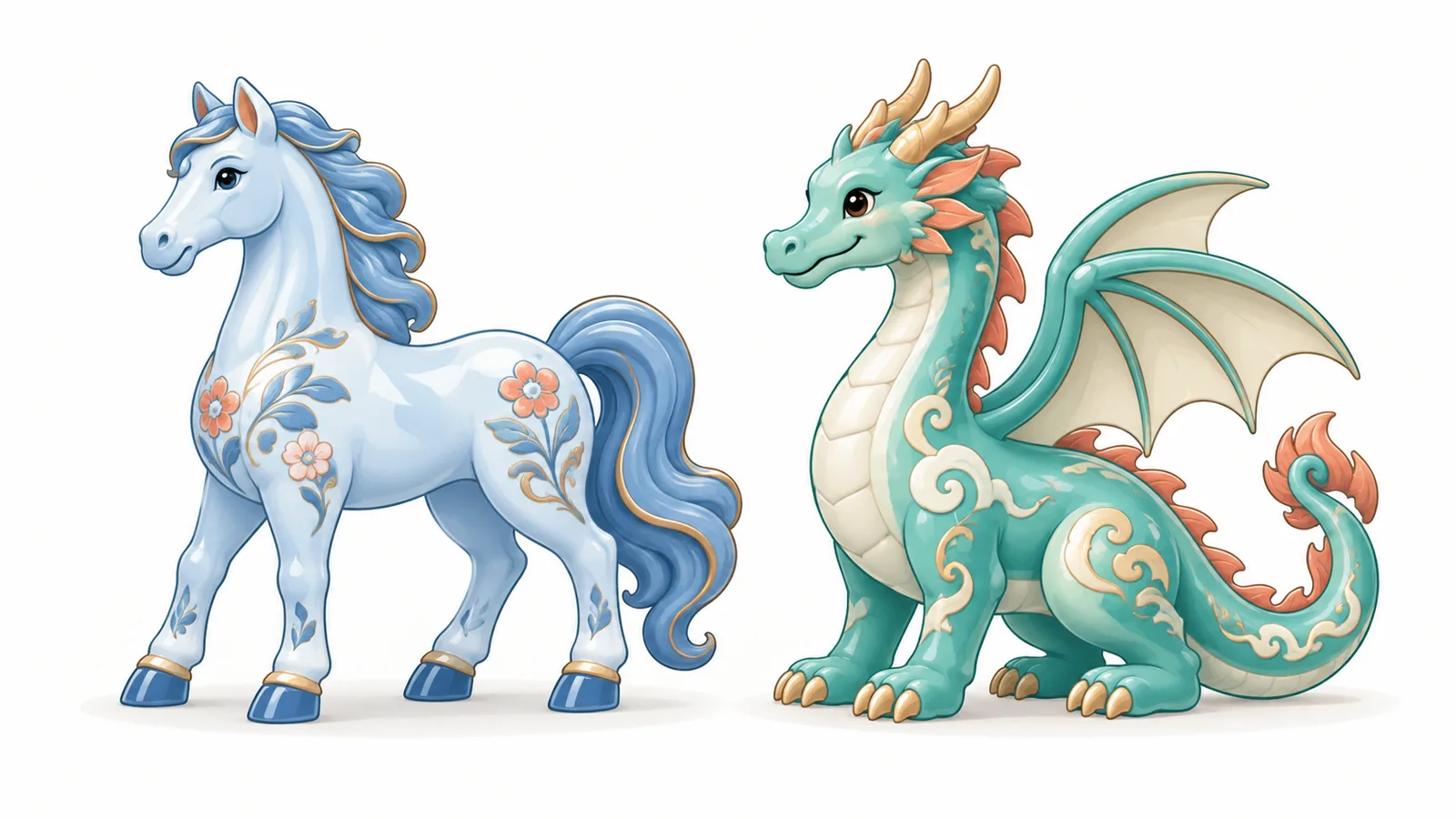 Două figurine din ceramică, un cal și un dragon, așezate una lângă alta