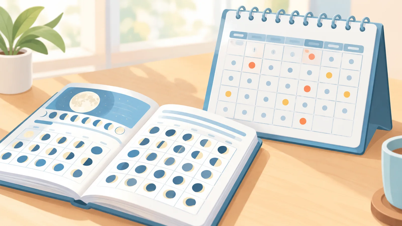 Un calendar lunar deschis lângă un calendar modern de perete