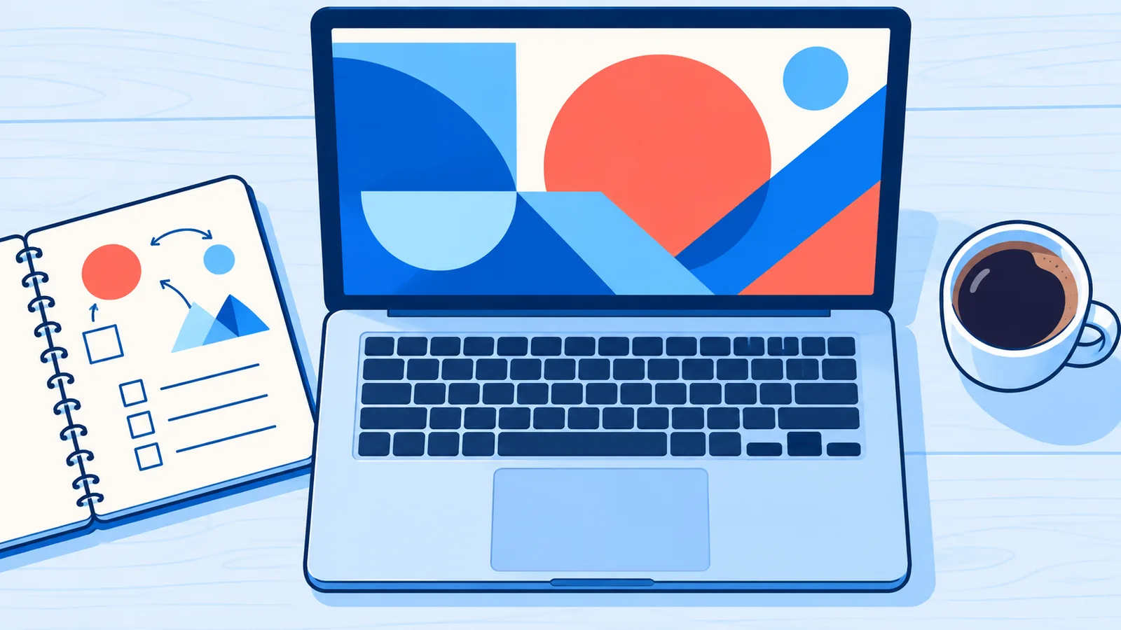 Birou cu laptop pe care se vede un design pentru rețele sociale și un carnet cu idei de activități secundare