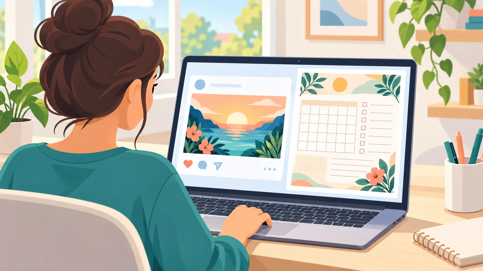 Freelancer care compară un design pentru client cu un șablon de planificator digital