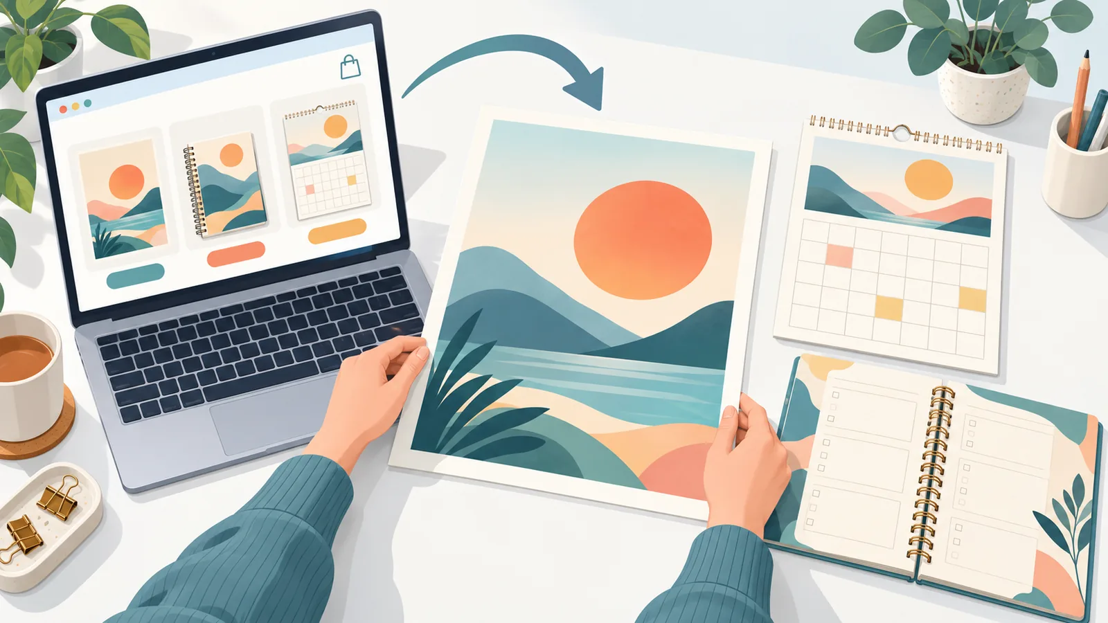 Mâini care aranjează postere tipărite, un planificator și un calendar lângă un laptop cu un magazin online