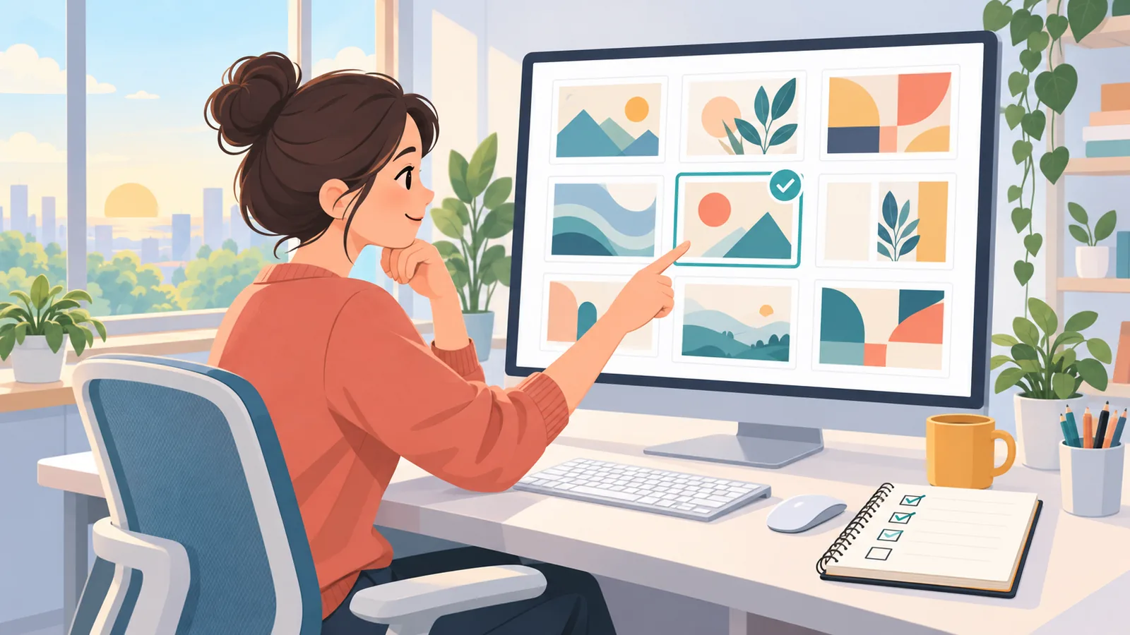 Designer care analizează un portofoliu de șabloane pe un monitor mare