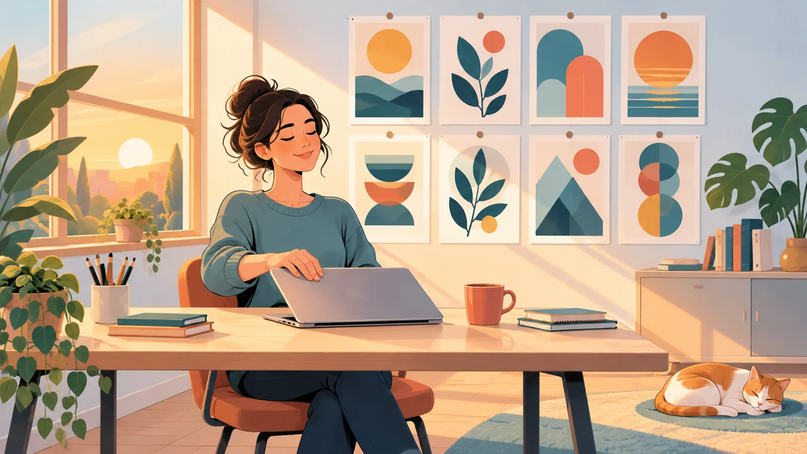 Freelancer mulțumit într-un spațiu de lucru luminos, cu designuri finalizate pe perete