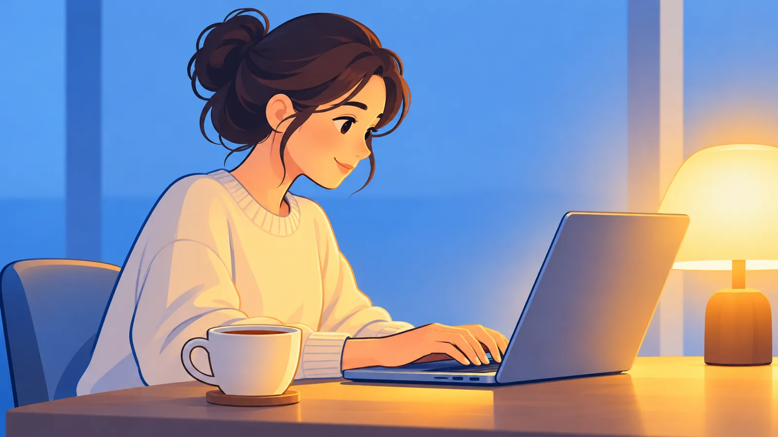 Persoană care lucrează seara la laptop, la masa din living, după programul de la job