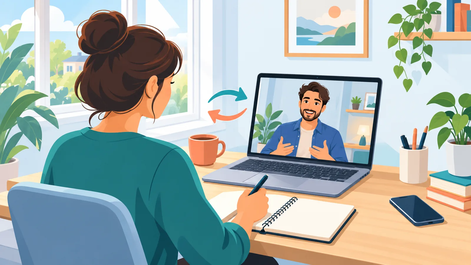 Freelancer care discută prin video cu un client, cu laptopul deschis pe birou