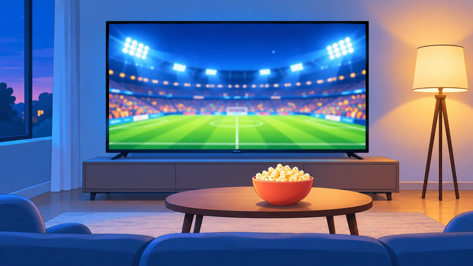 Living confortabil seara, cu televizorul pornit și un bol de popcorn pe măsuță