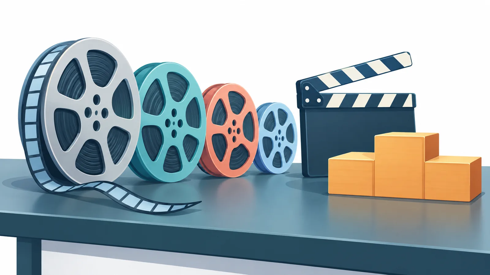 Role de film și un clapetă de filmare lângă un podium mic din lemn