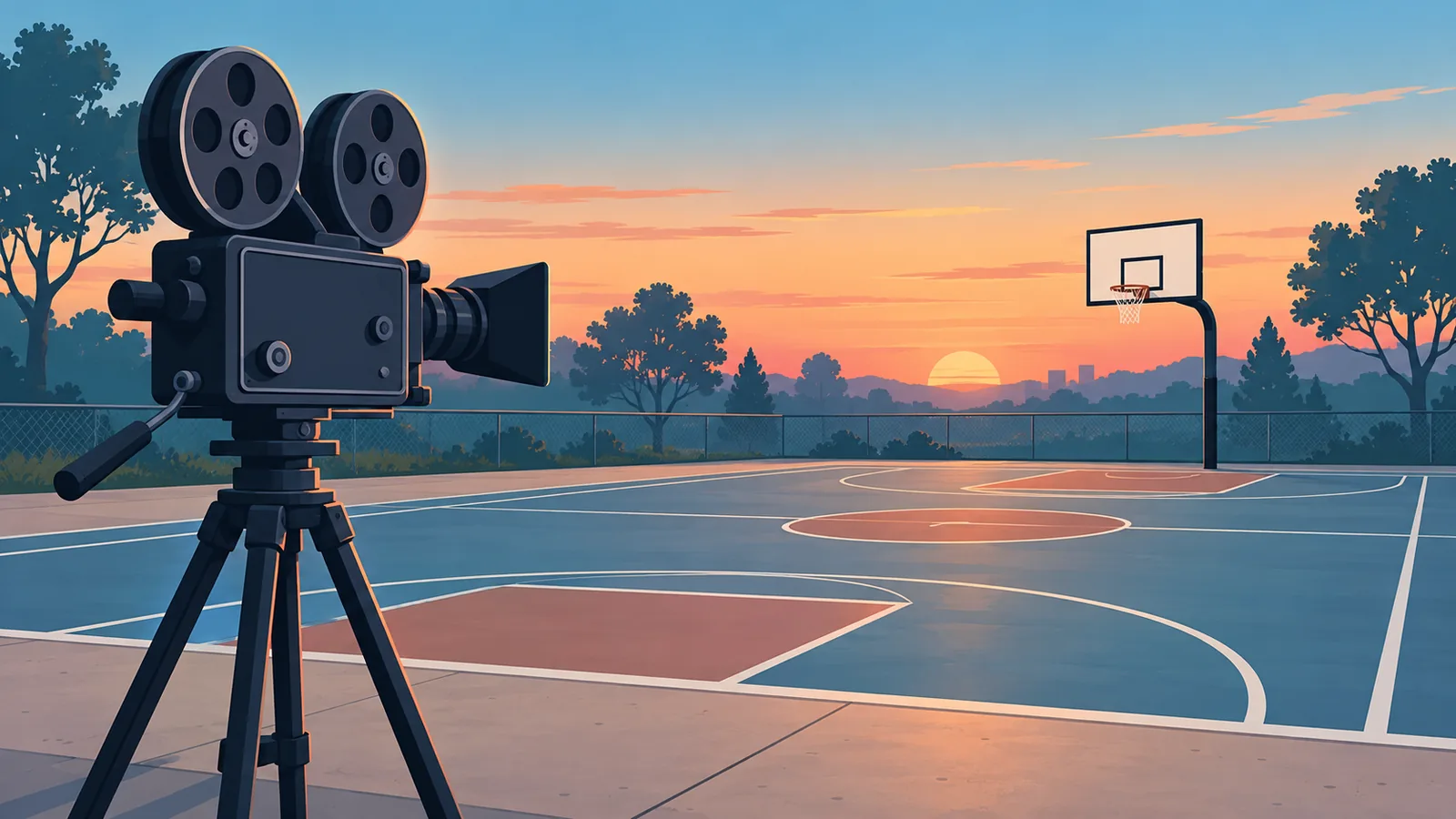 Cameră de filmat veche lângă un teren de baschet gol, la apus