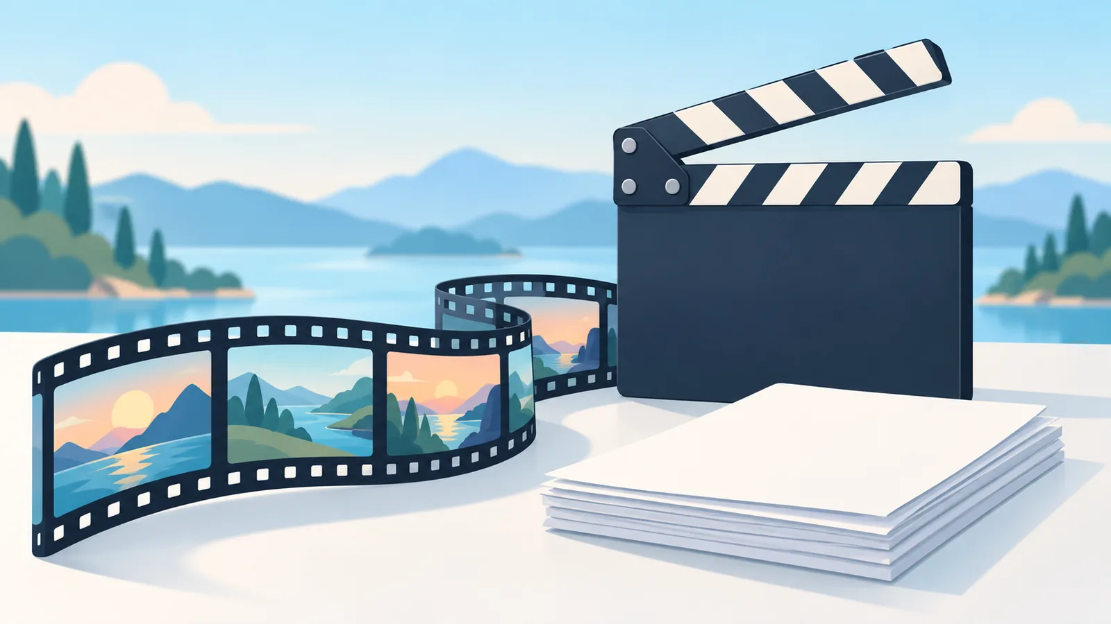 Peliculă de film lângă o clapetă modernă și un teanc de hârtii