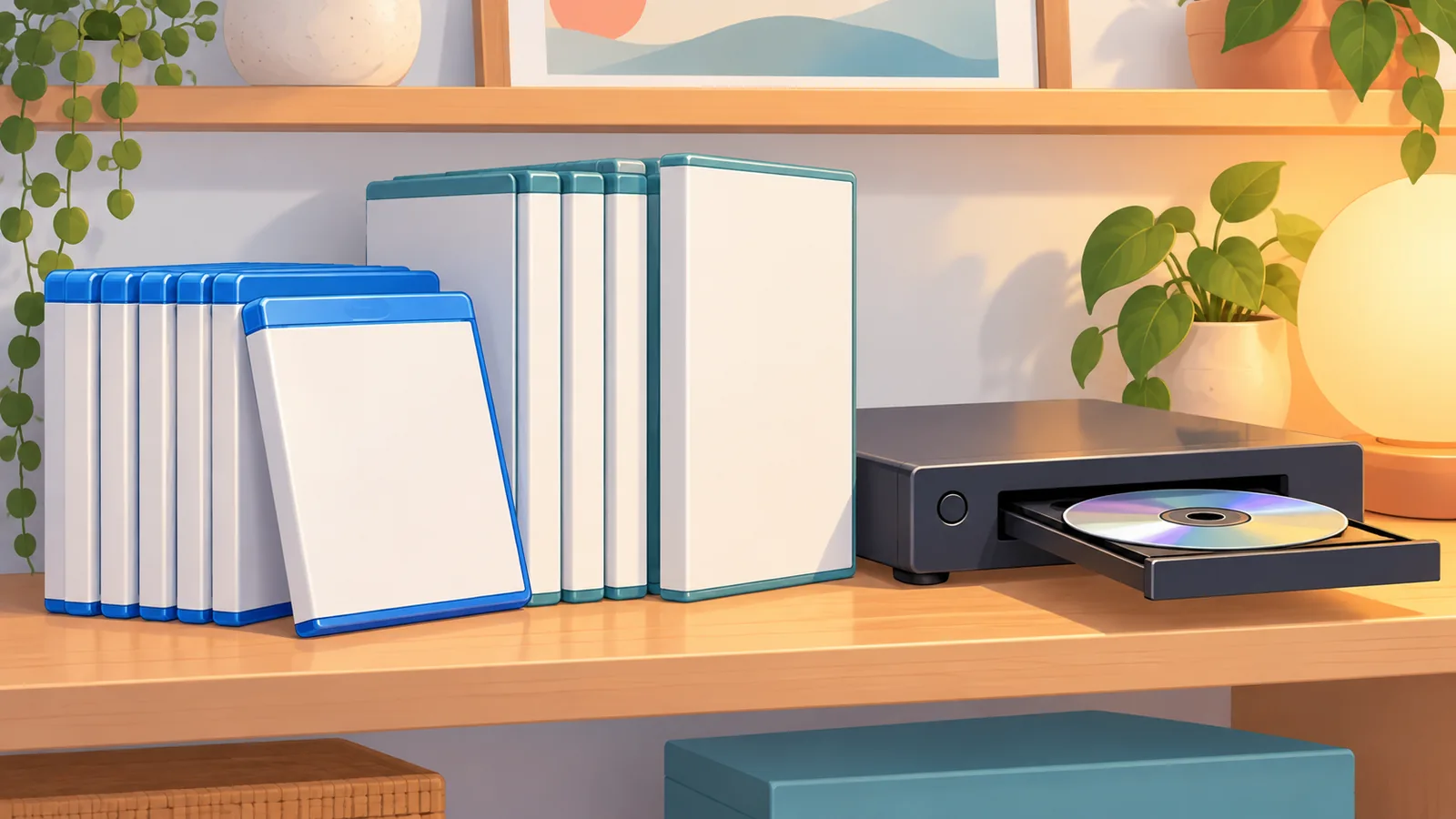 Cutii de Blu-ray și DVD lângă un player, într-o atmosferă de colecționar