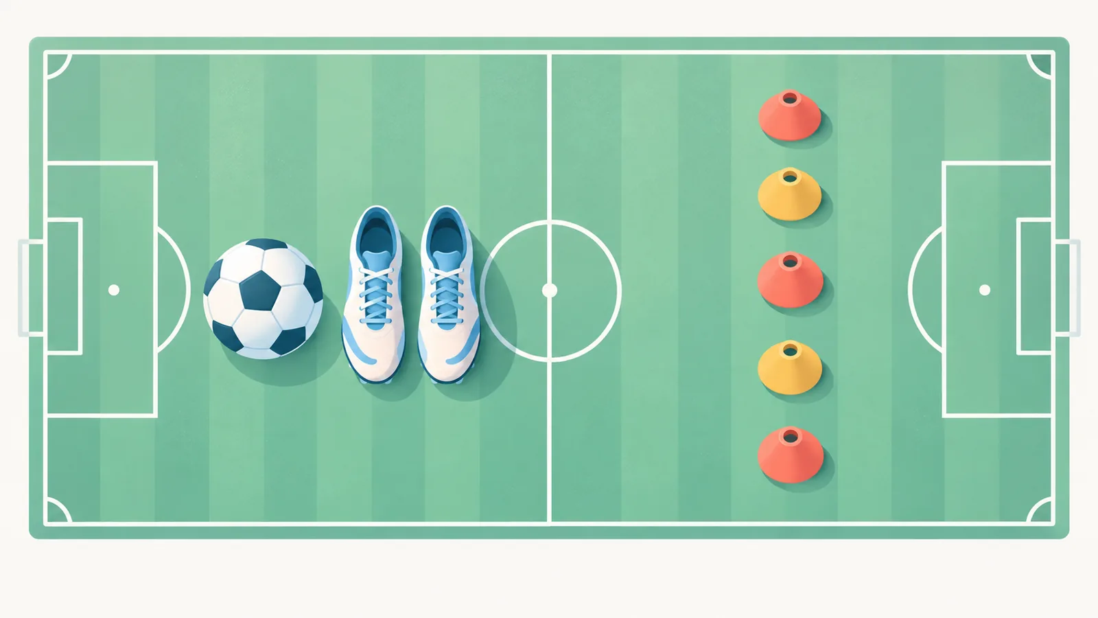 Minge de fotbal, adidași și conuri pe un teren cu iarbă, văzute de sus