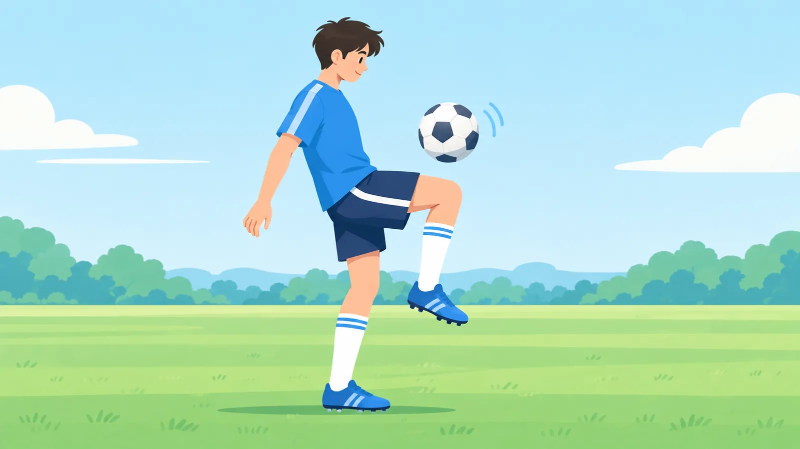Jucător care jonglează cu coapsa, văzut din lateral, pe un teren gol