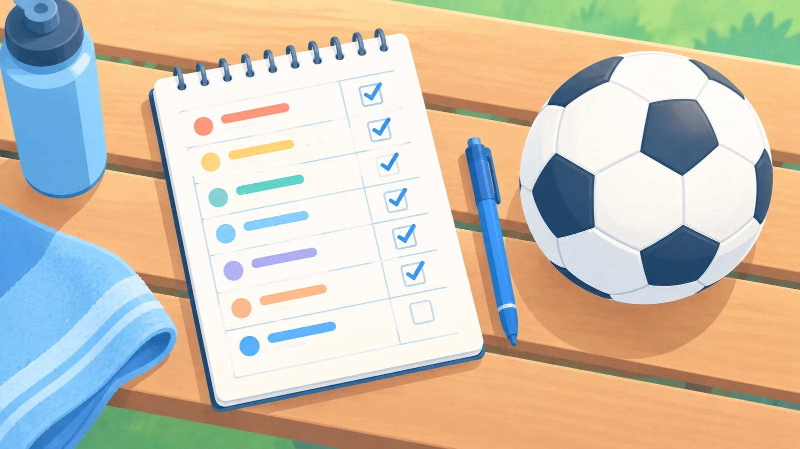 Caiet cu un plan simplu de exersare lângă o minge de fotbal pe o bancă, privit de sus