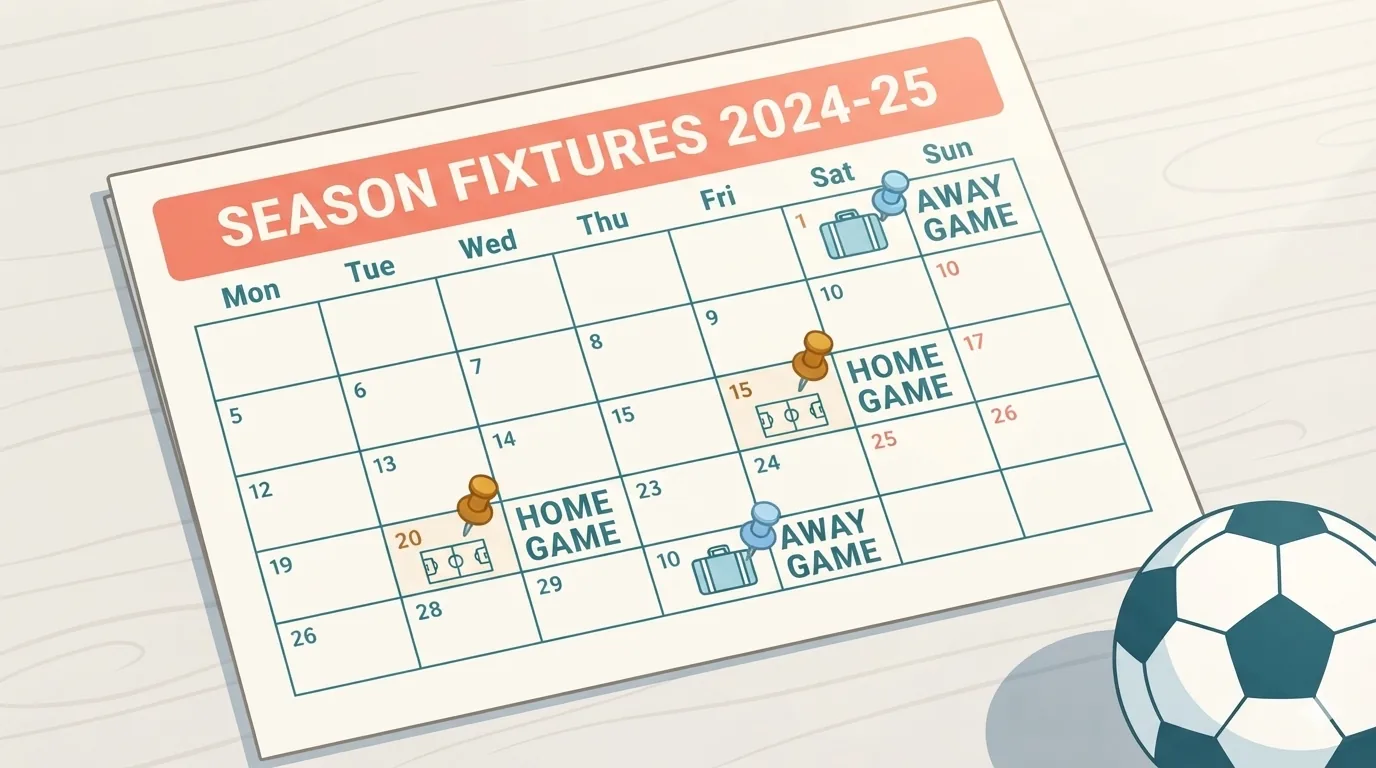 Calendar al sezonului cu o minge de fotbal și mărci pentru meciurile de acasă și din deplasare