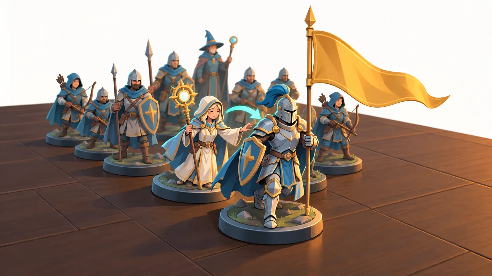 Figurină de cavaler în fața unei mici armate, cu un vindecător în spate