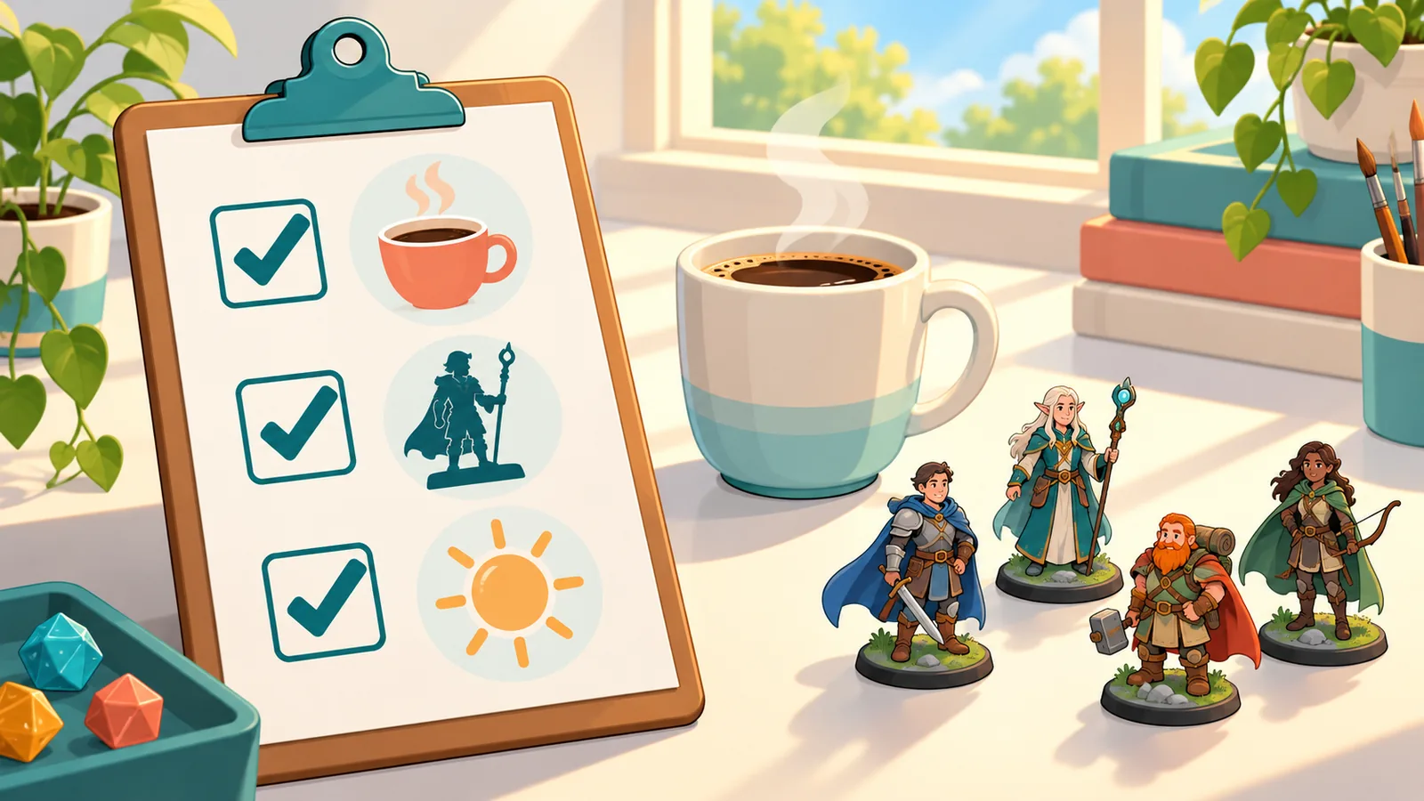 Listă de verificare pe un clipboard, lângă o cană de cafea și figurine