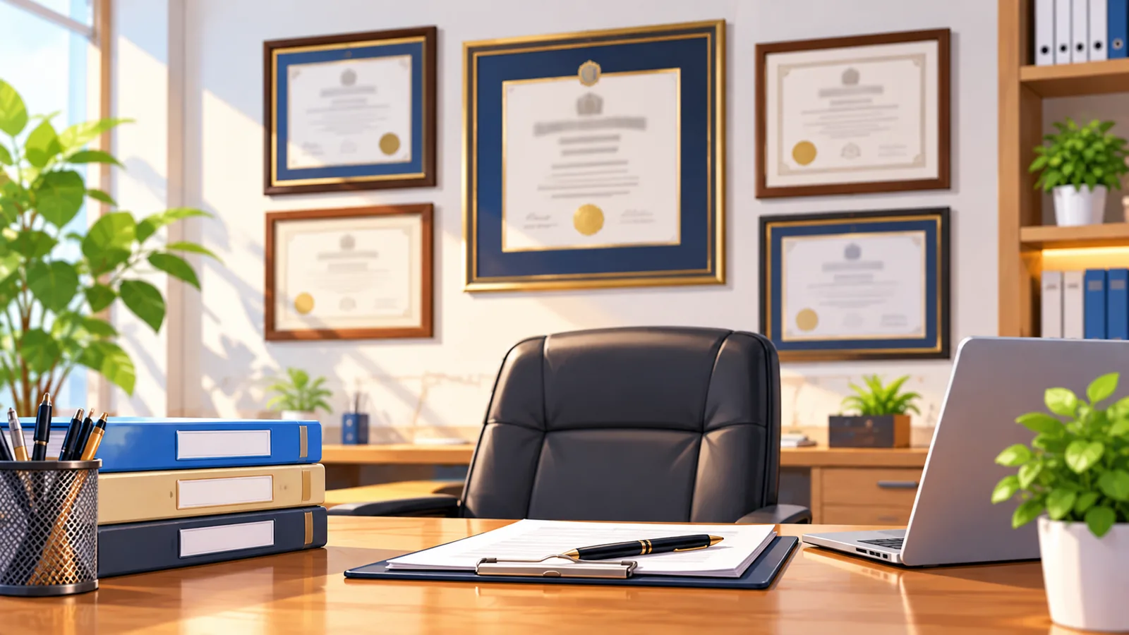 Diplome profesionale încadrate pe peretele unui birou