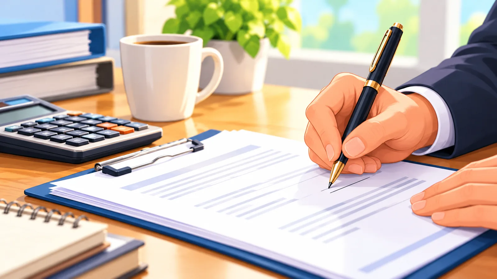 Mână care semnează un contract de servicii pe un birou