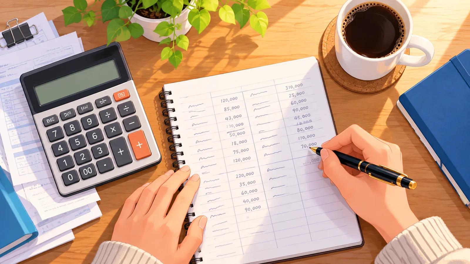 Calcule de costuri pe un caiet, lângă un calculator