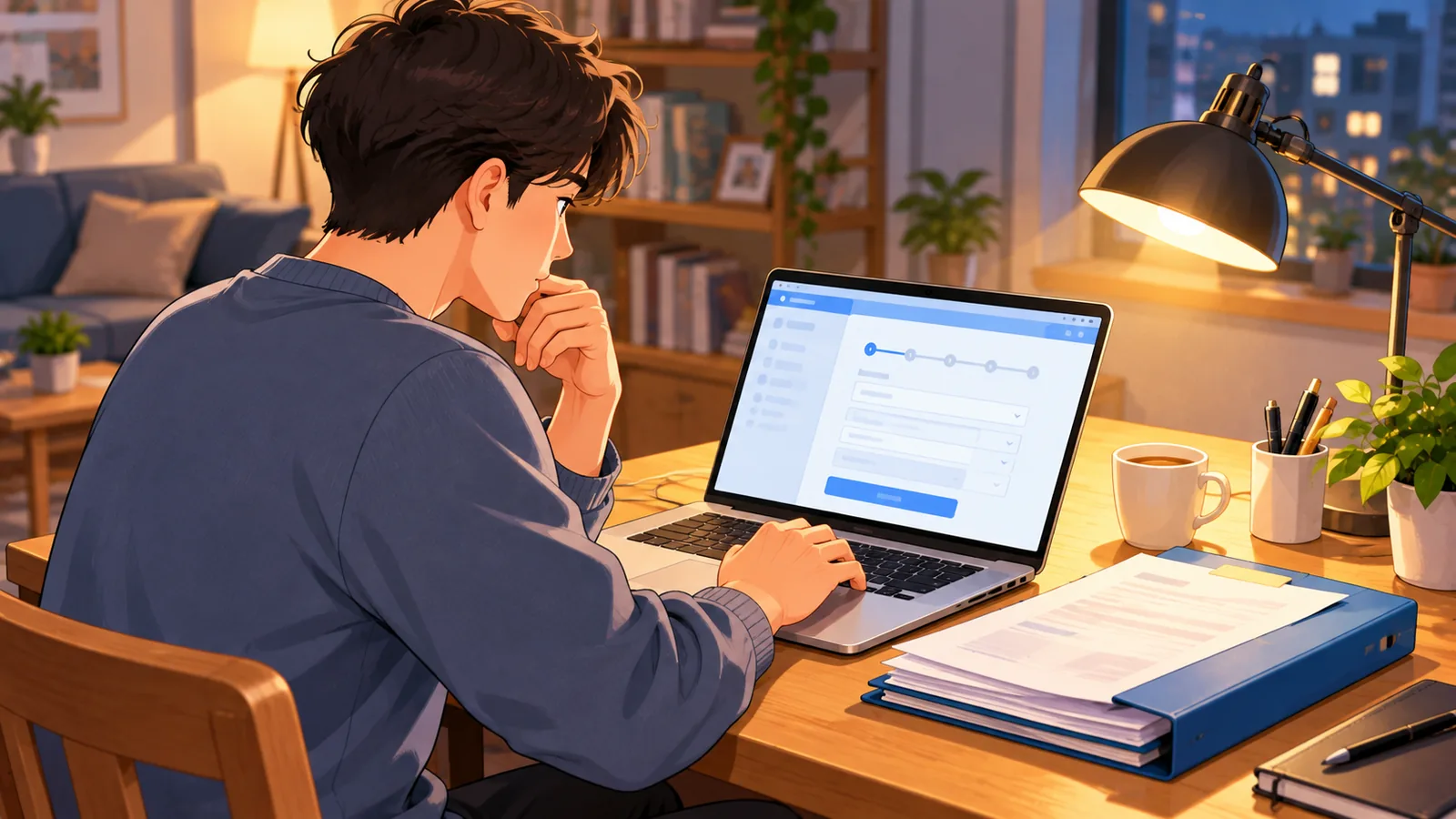 Persoană care completează o cerere online acasă, seara