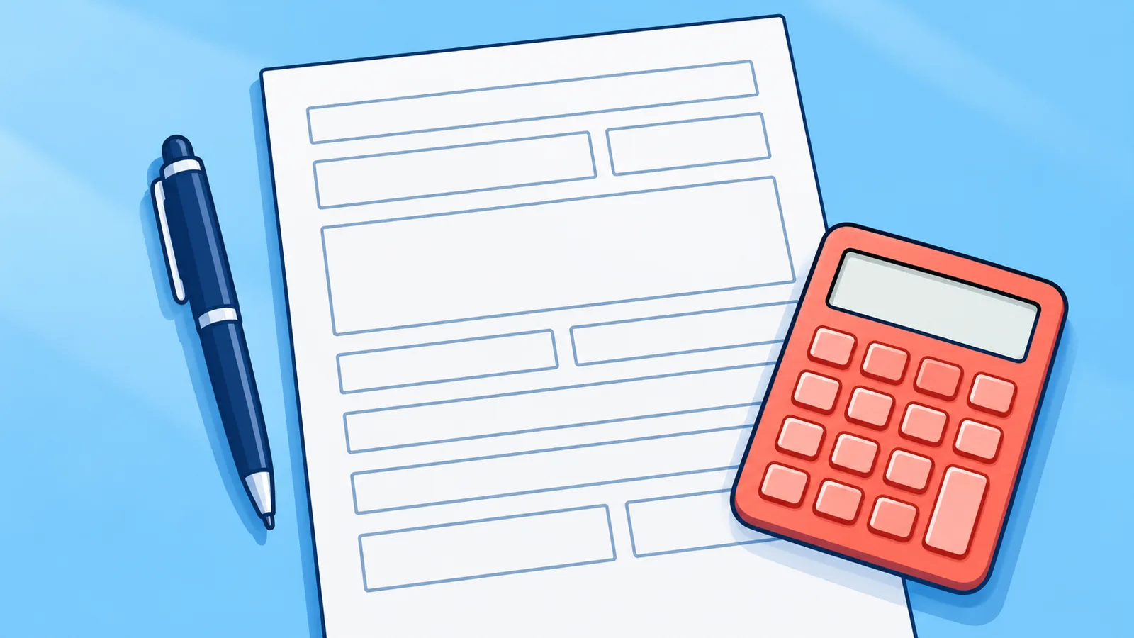 Birou cu formular fiscal gol, calculator și pix