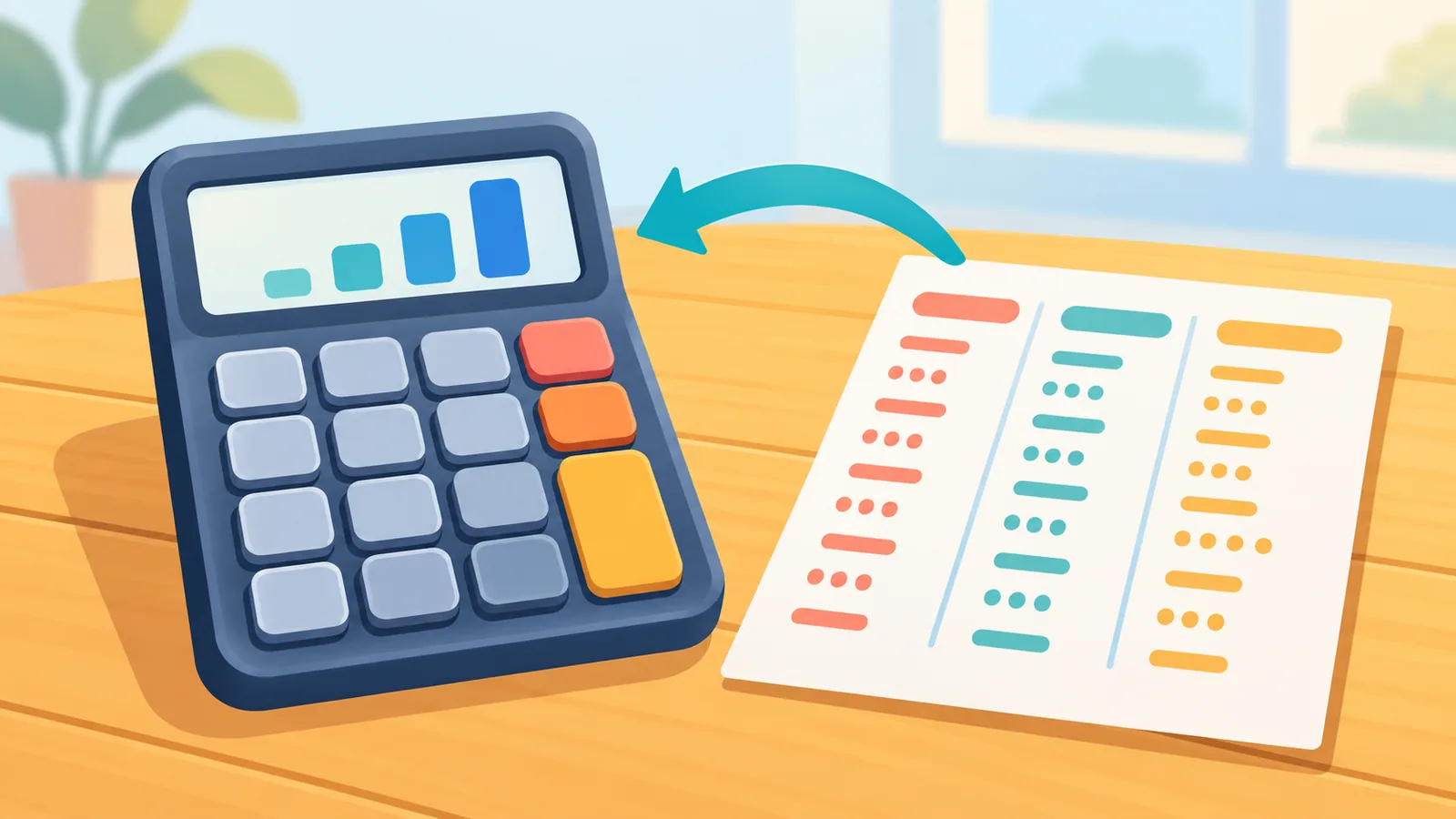 Calculator și foaie cu coloane de cifre pe o masă din lemn