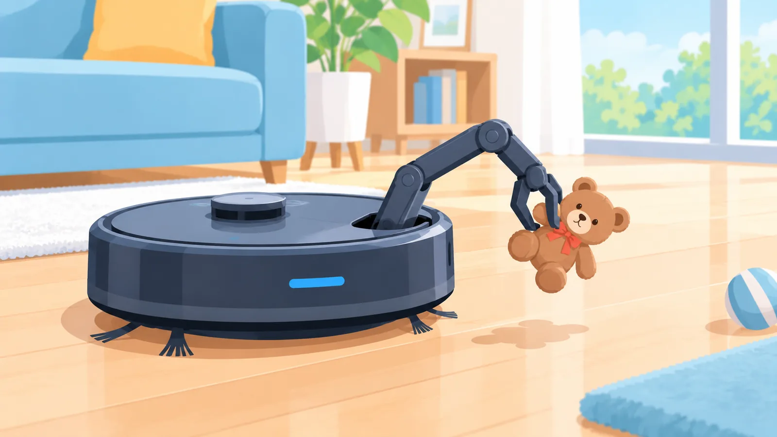 Robot de aspirare cu braț mecanic care ridică o jucărie