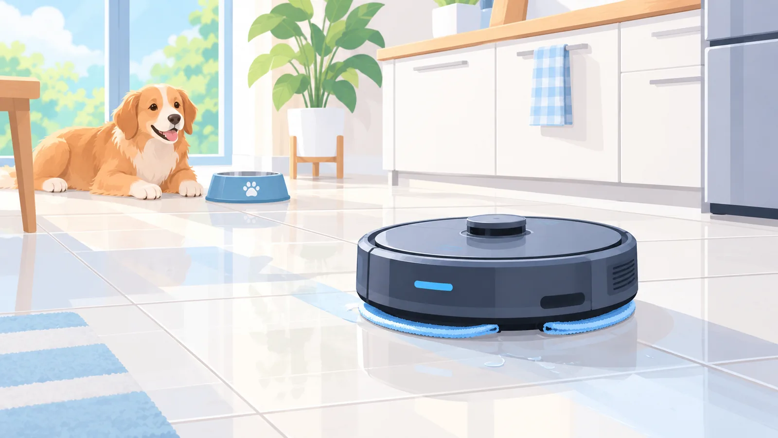 Robot de aspirare cu mop pe gresie în bucătărie