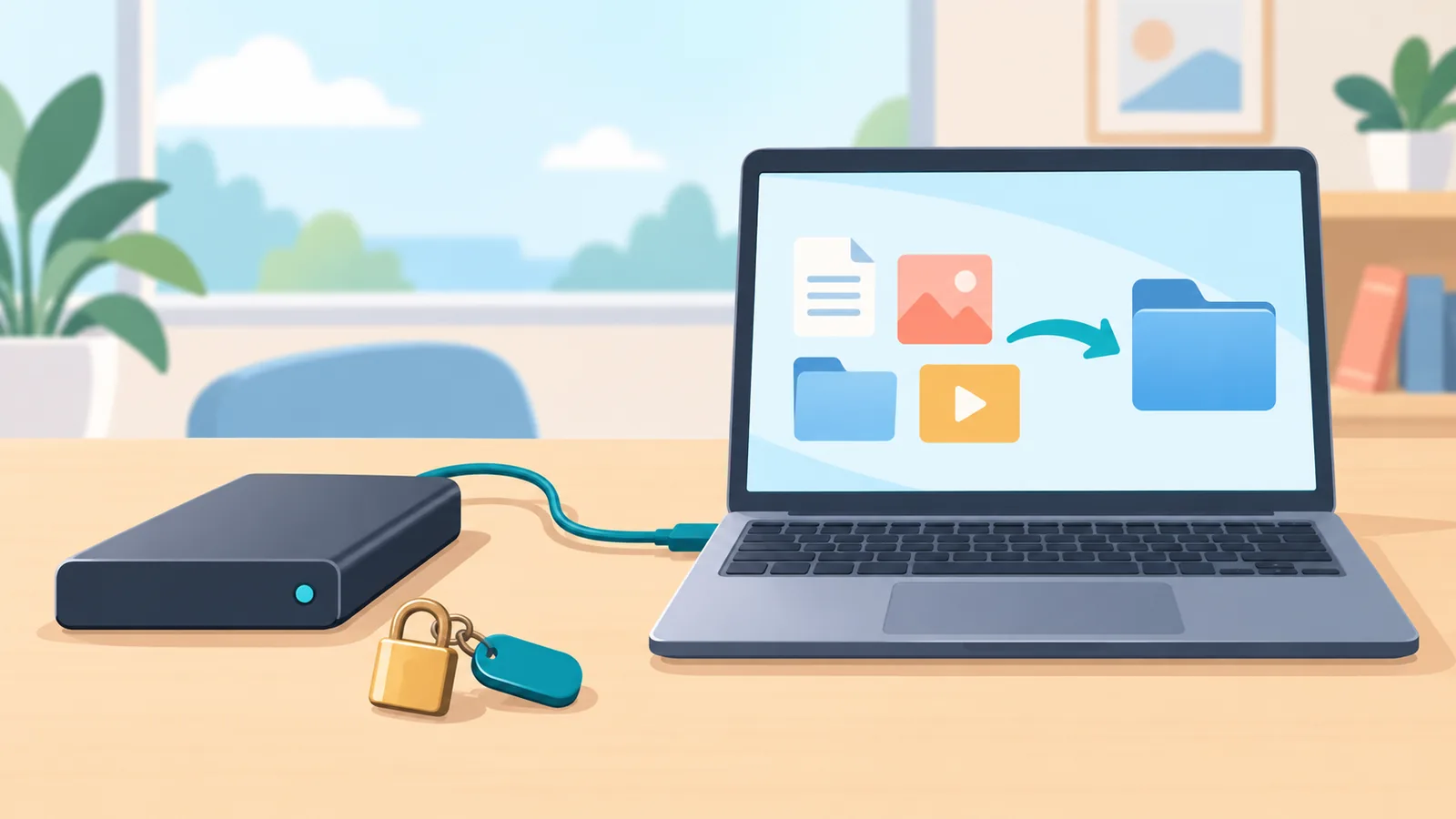 Hard disk extern lângă laptop, simbol pentru copie de rezervă