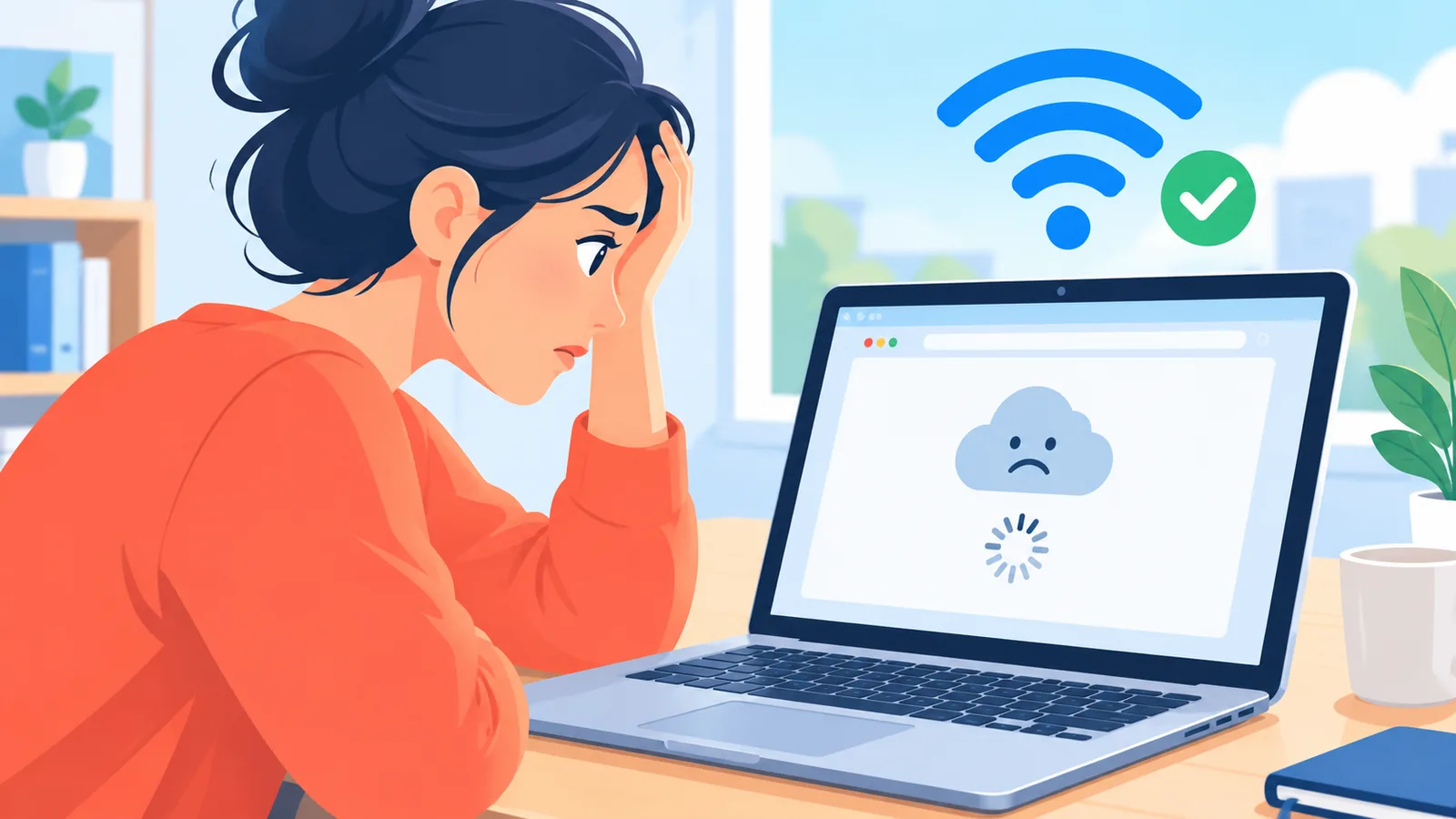 Persoană în fața unui laptop conectat la Wi-Fi, dar cu pagina web neîncărcată