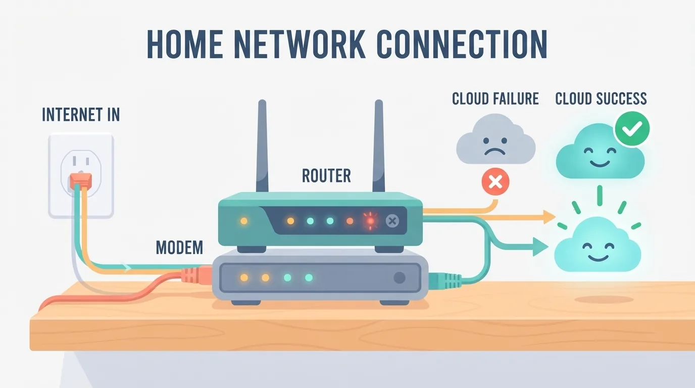 Modem și router pe un raft, cu luminile de stare aprinse
