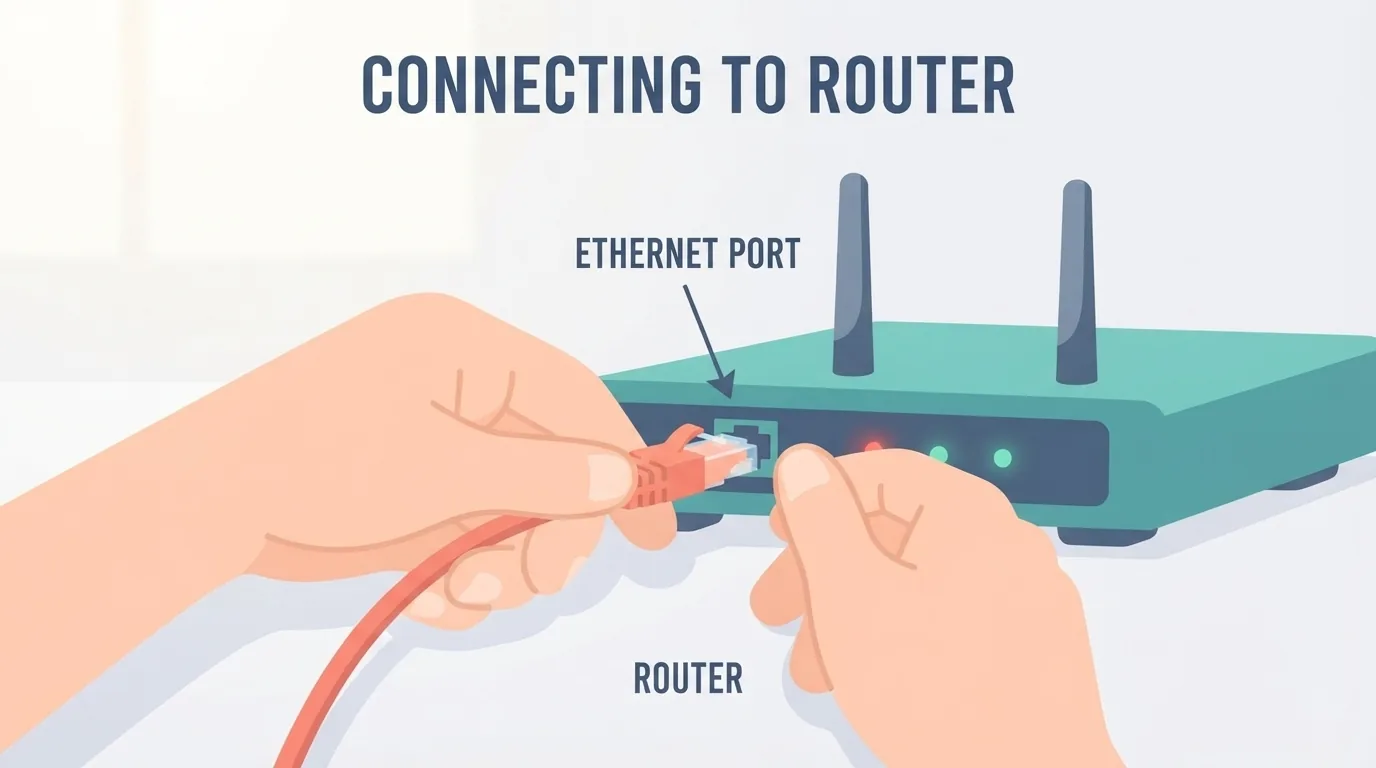 Cablu Ethernet conectat ferm în portul unui router