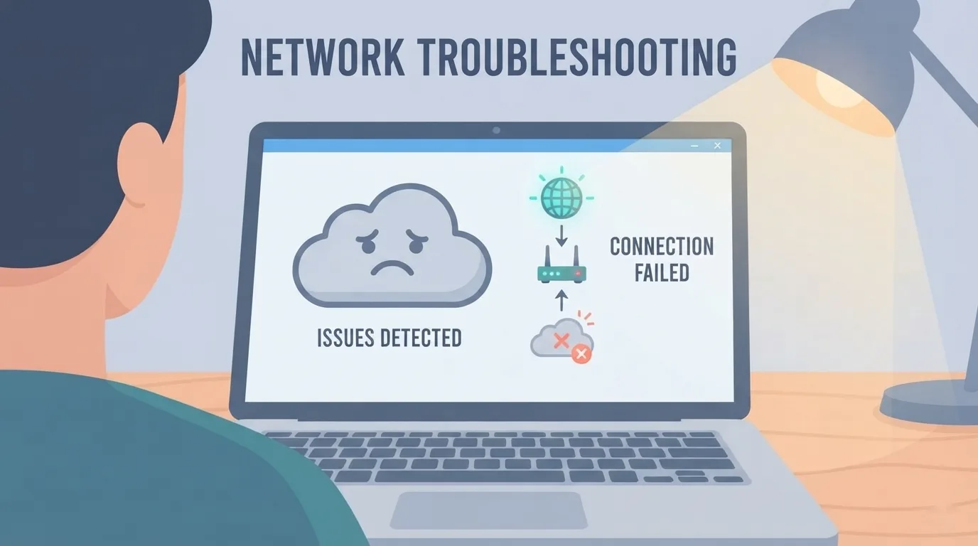 Ecran de laptop Windows cu fereastra de depanare a rețelei