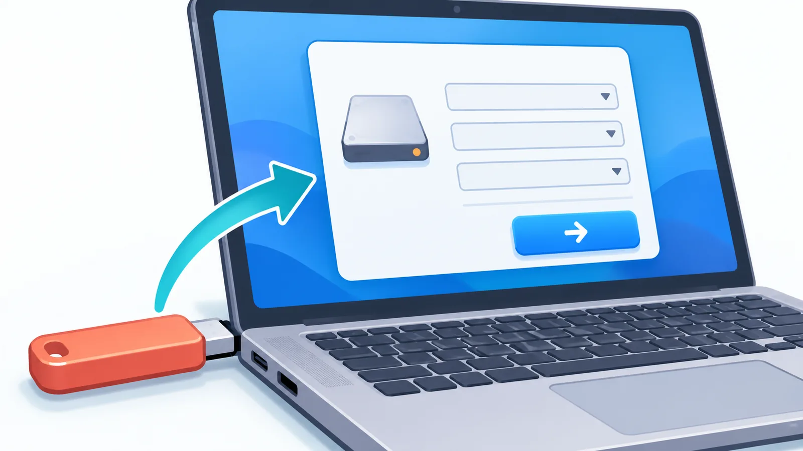 Stick USB conectat la laptop pentru accesarea mediului de recuperare